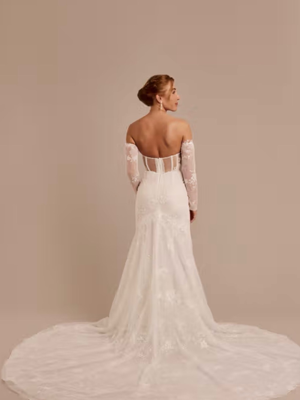 David's Bridal Ivory Lace Long-Sleeve Off-Shoulder Wedding Gown